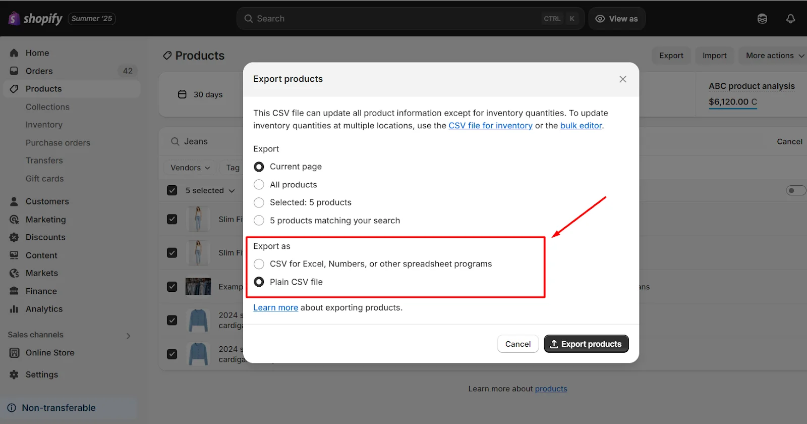 Choose the CSV file format for your Shopify product export