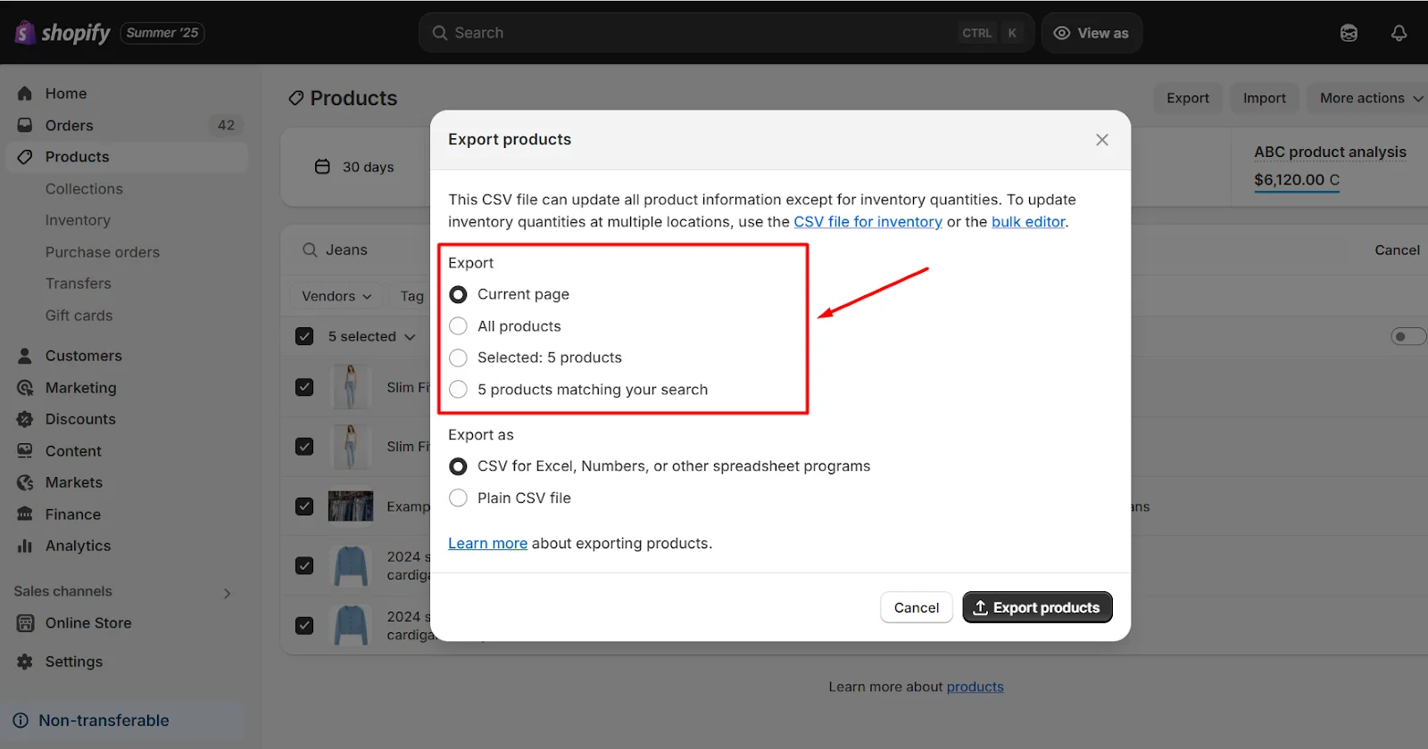 Choose the products you want to export from Shopify
