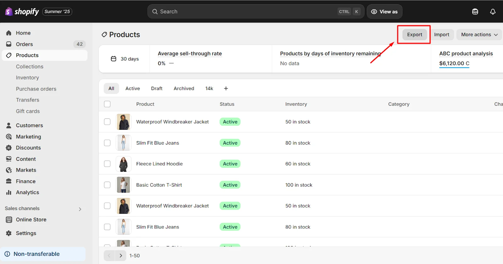 Click the Export button on your Shopify product page