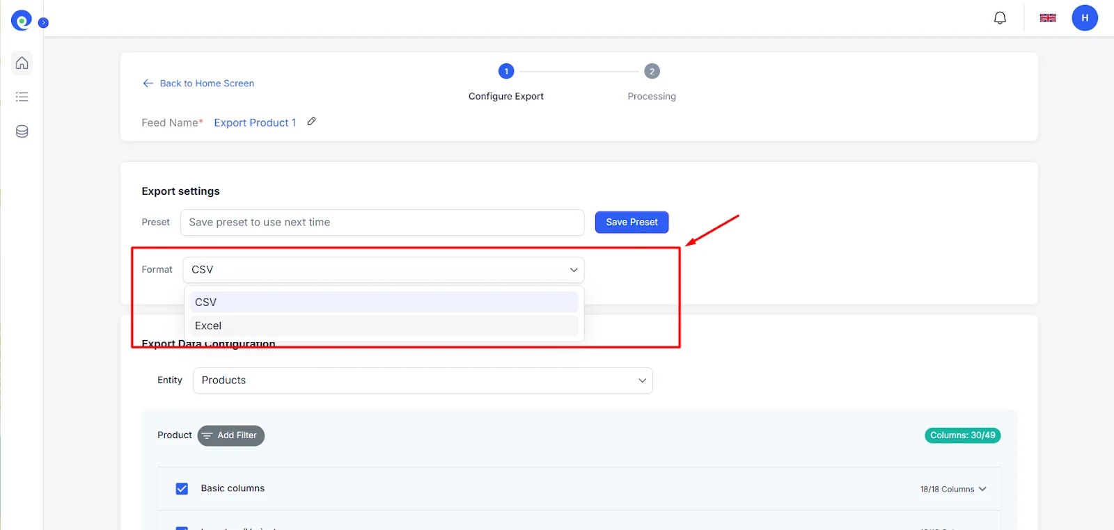 Select export product file format