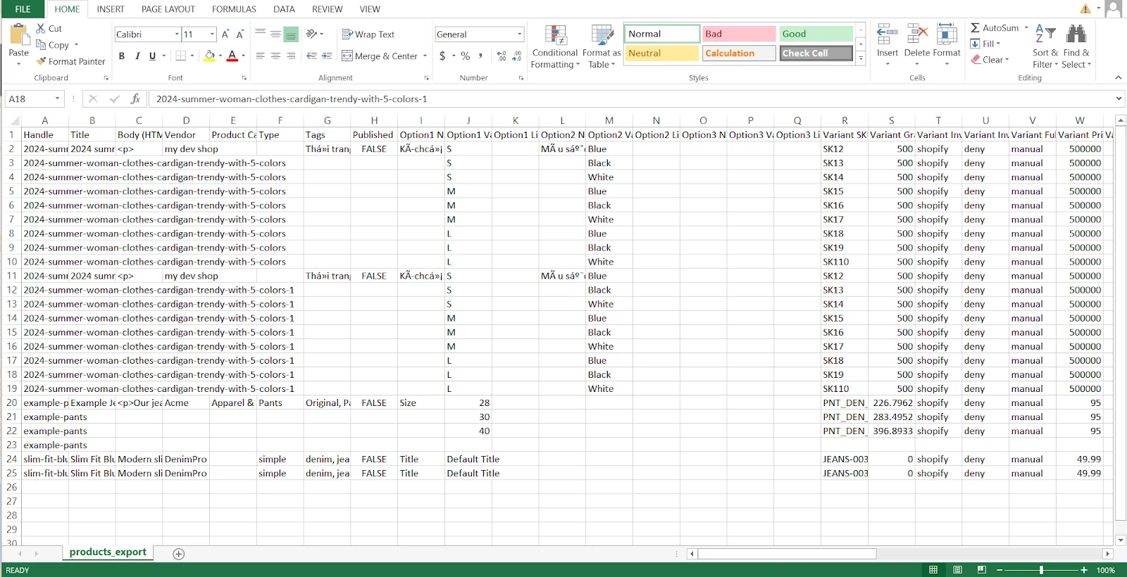 Shopify CSV export file