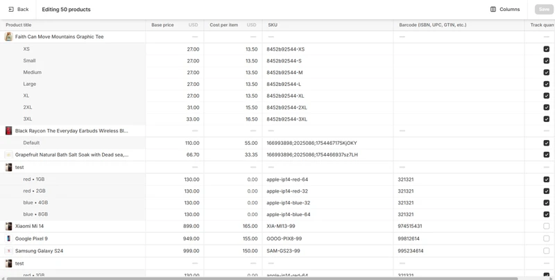 shopify bulk edit variants