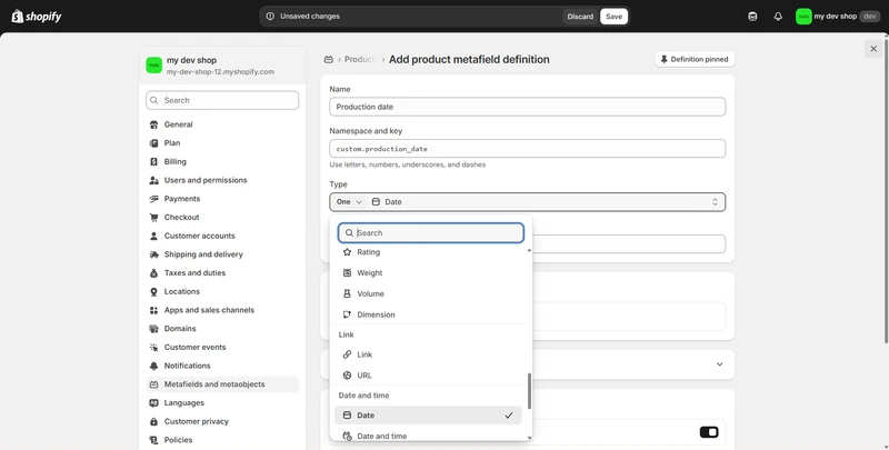 Shopify Metafield definition settings