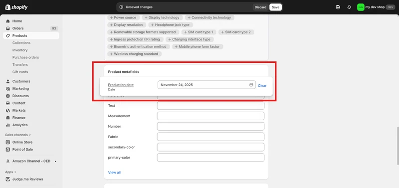 Add metafield values in Shopify