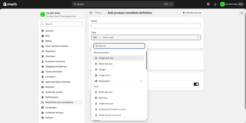 shopify metafield types