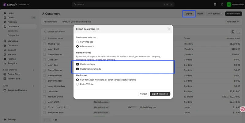 export metafields shopify  