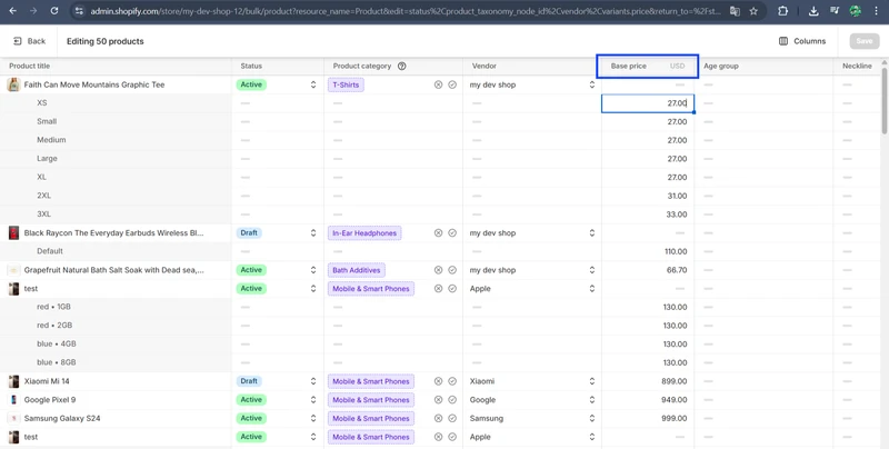 how to change prices on shopify in bulk