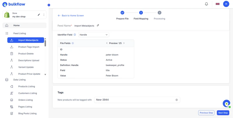 Shopify Meta object import easy with BulkFlow