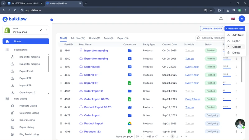 Create A New Update Feed On Bulkflow App Create a new update feed on bulkflow App