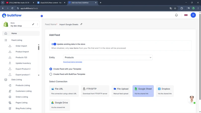 Set up your import feed details - shopify to google sheets