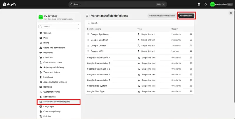 how to use variant metafields in shopify
