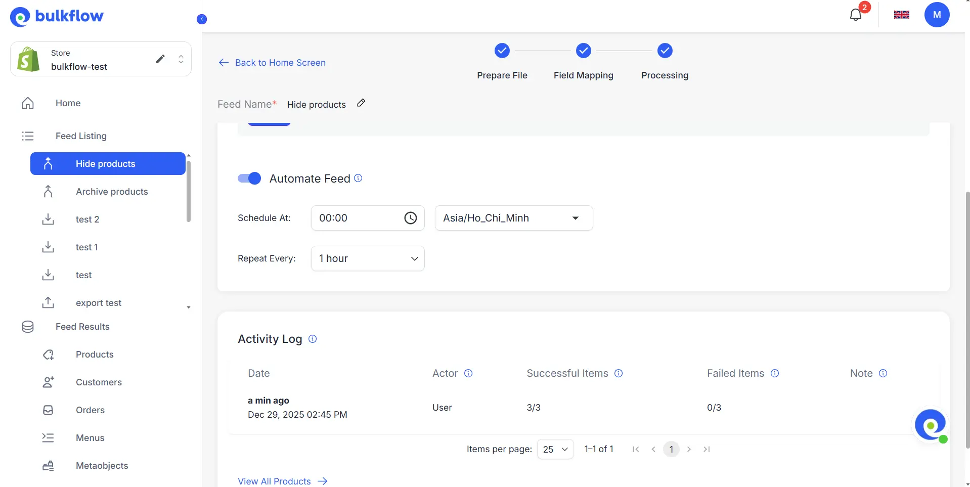 Automate Feed And Activity Log shopify hide product by BulkFlow