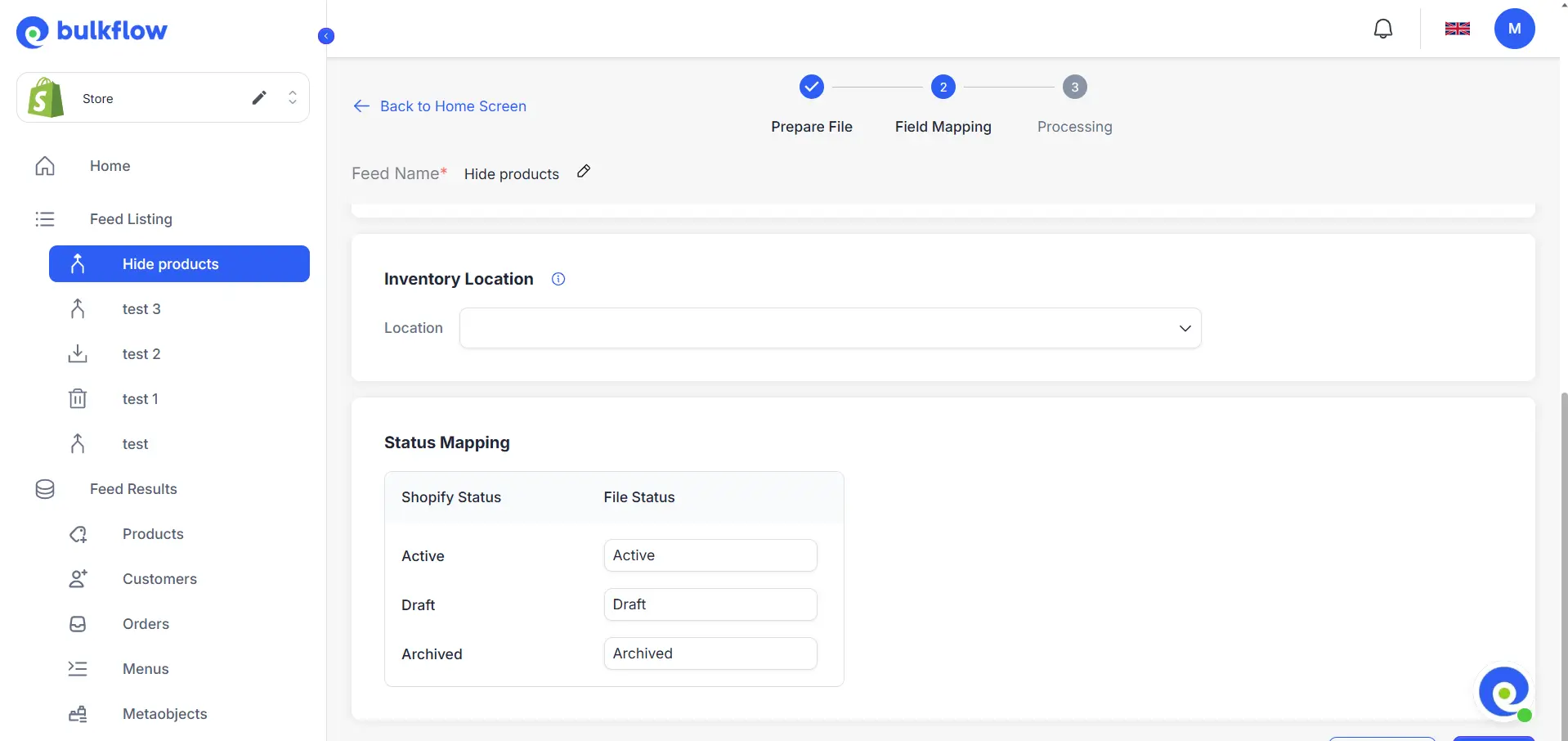 Map Your Fields how to hide products on shopify in bulk with Bulkflow